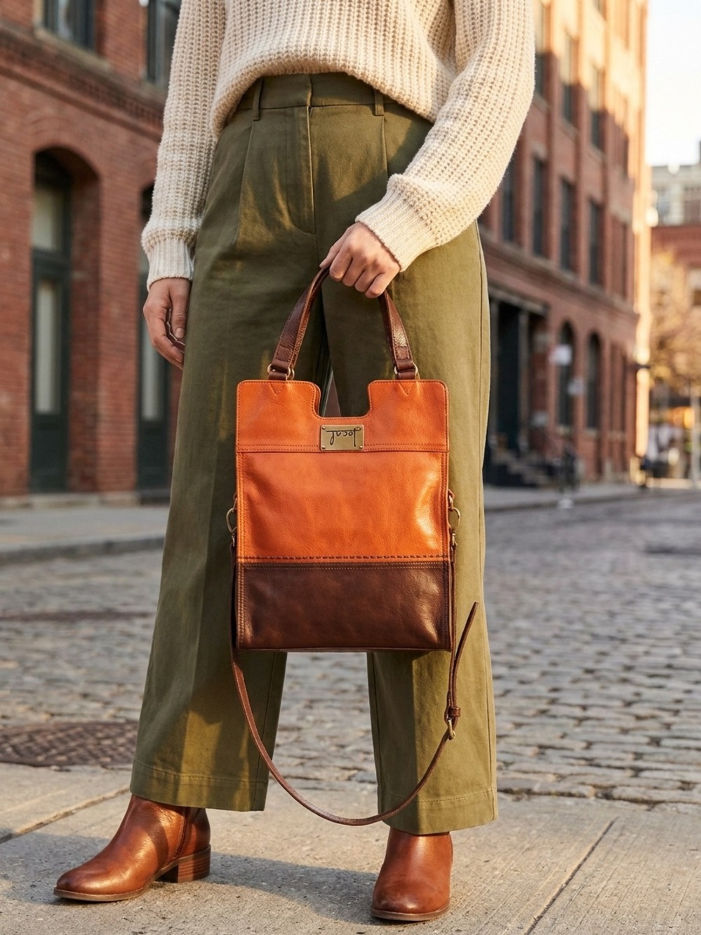 One of a Kind Two-Tone Orange and Brown Leather Shoulder Bag